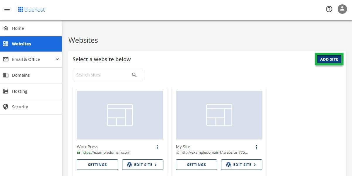 Bluehost Add Website