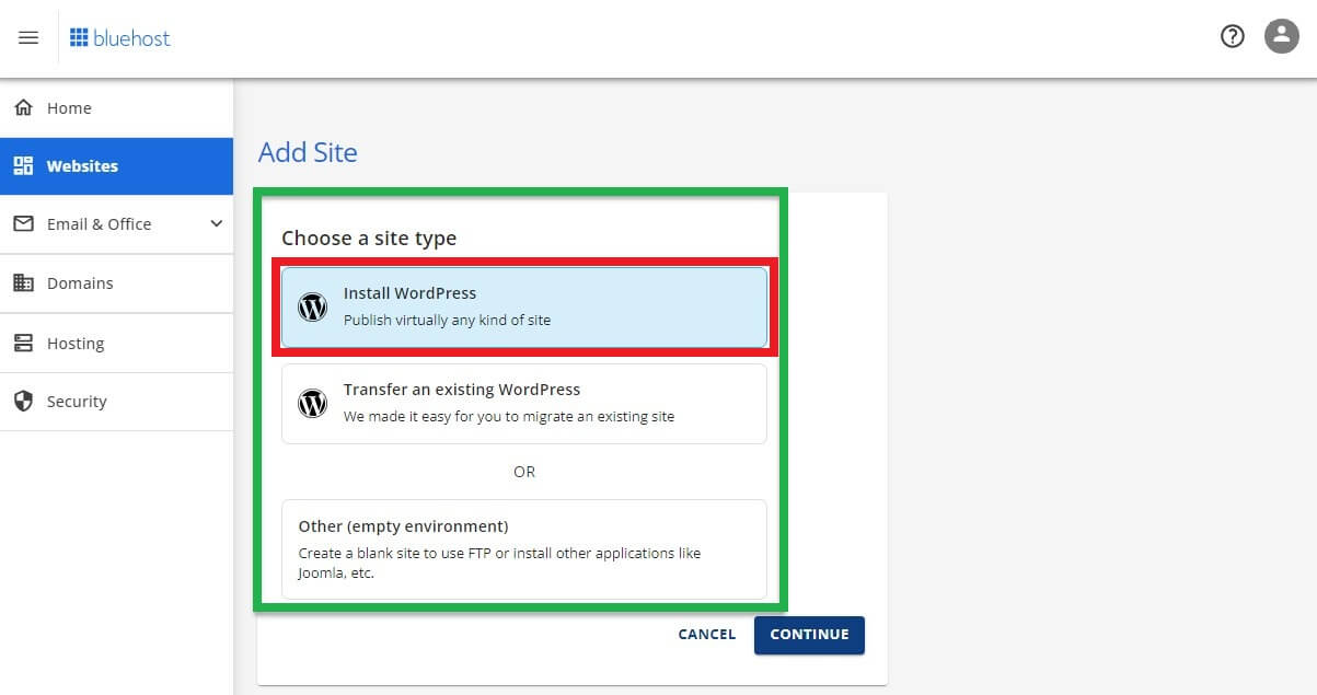 Bluehost Add WordPress Website